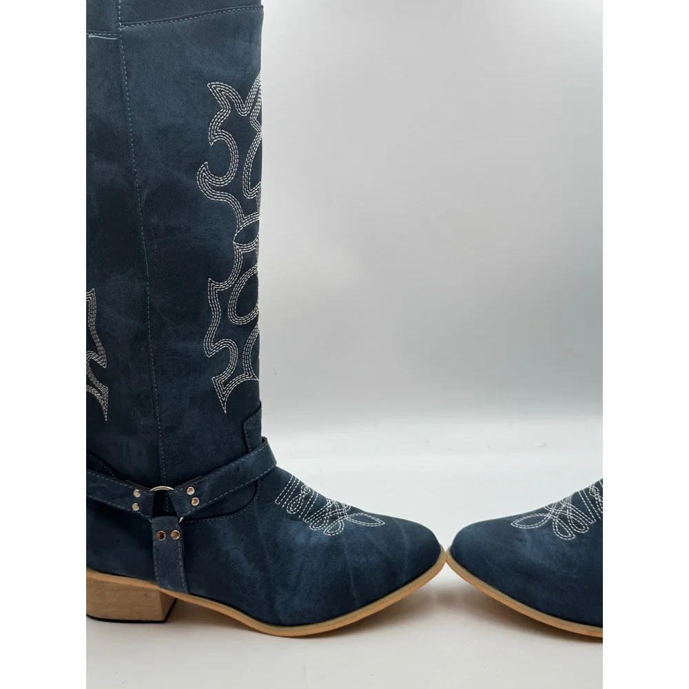 Blue Denim Embroidered Western Knee High Boots Harness Detail Tall Zip Up
